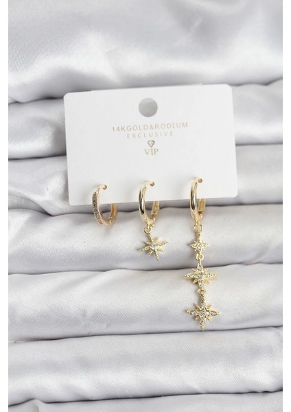 Kutup Yıldızı Model Gold Renk Pirinç 3'lü Kadın Küpe Seti