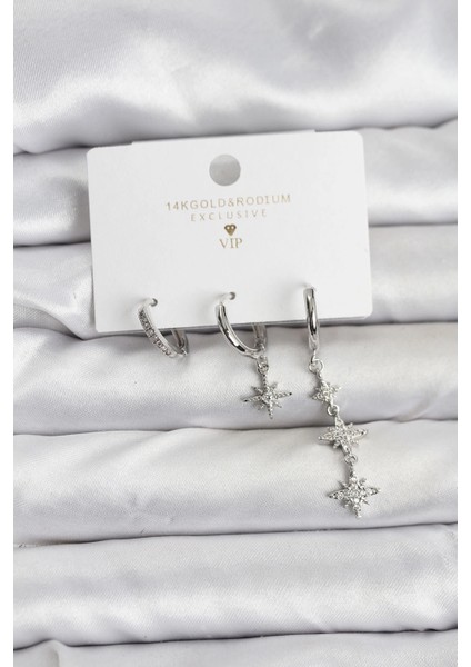 Kutup Yıldızı Model Gümüş Renk Pirinç 3'lü Kadın Küpe Seti