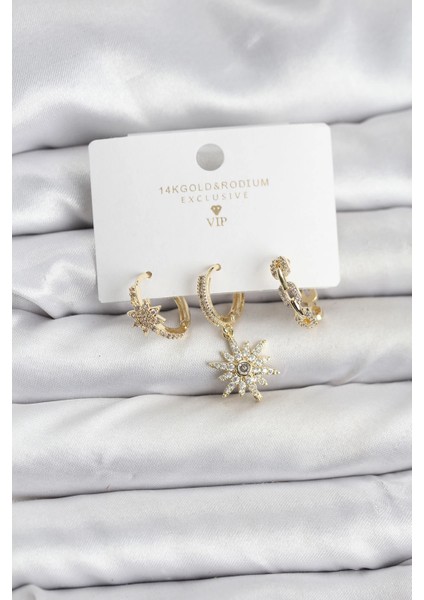 Pirinç Gold Renk Kutup Yıldızı Model 3'lü Kadın Küpe Seti