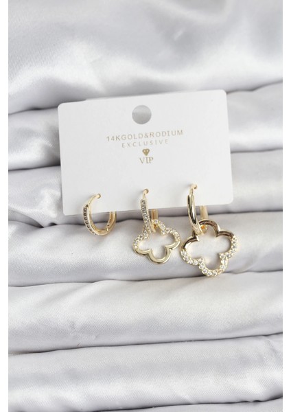 Yonca Model Gold Renk Pirinç 3'lü Kadın Küpe Seti