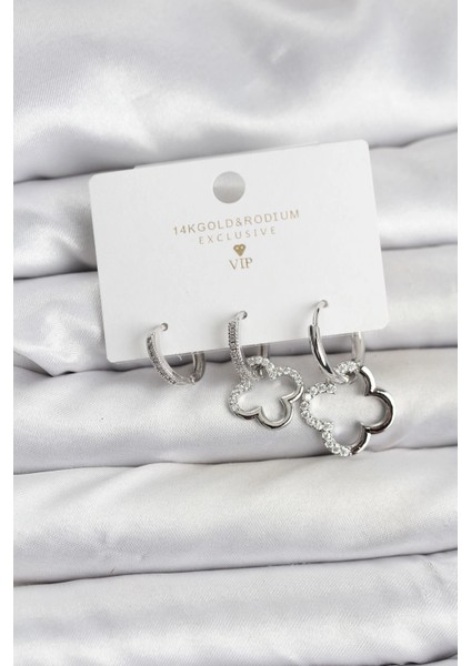 Yonca Model Gümüş Renk Pirinç 3'lü Kadın Küpe Seti