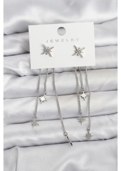 Kutup Yıldızı Model Gümüş Renk Pirinç Sallantılı Kadın Küpe