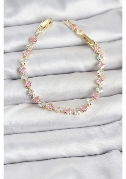 Kare Zirkon Taşlı Gold Renk Kadın Bileklik