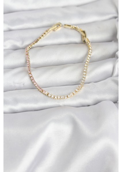 Pembe ve Beyaz Zirkon Taşlı Gold Renk Su Yolu Kadın Bileklik