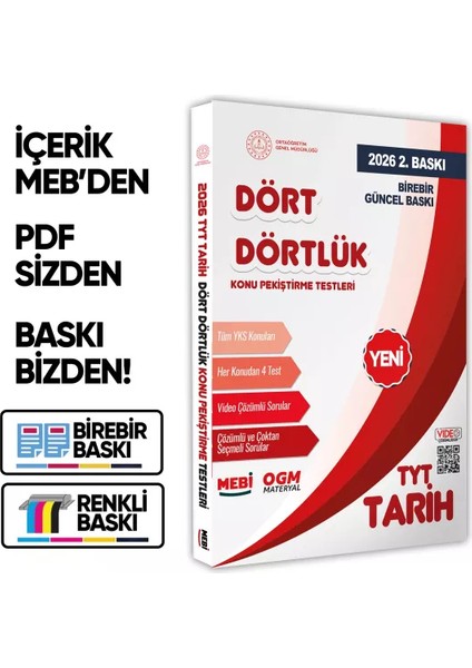 2026 YKS-TYT MEBİ-OGM Dört Dörtlük Tarih Pekiştirme Testi A4 Renkli Soru Bankası BASKI ÜCRETİ