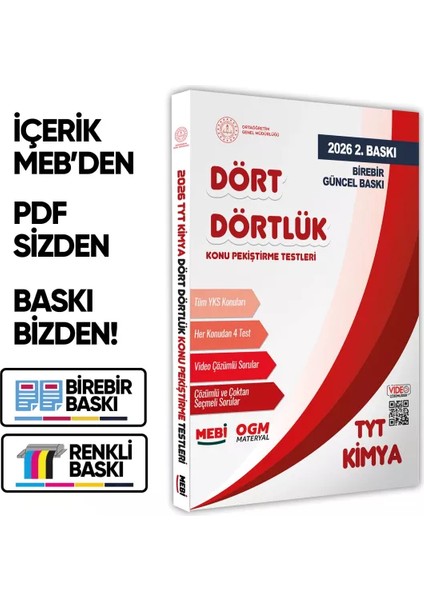 2026 YKS-TYT MEBİ-OGM Dört Dörtlük Kimya Pekiştirme Testi A4 Renkli Soru Bankası BASKI ÜCRETİ
