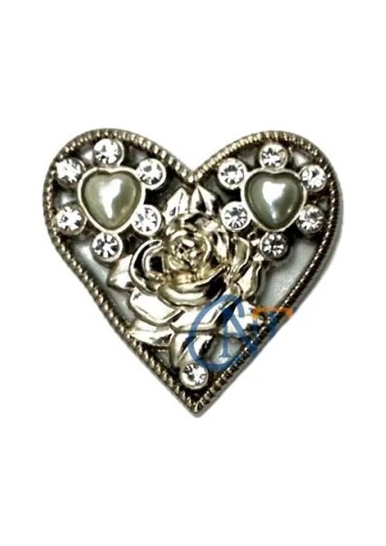 Taşlı Kalp Broş, Kutu, Sandık Süsü - Nikel, 10 Adet ( Lisinya )