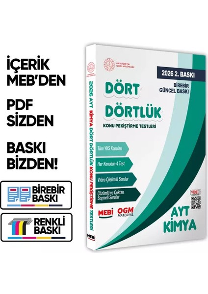 2026 YKS-AYT MEBİ-OGM Dört Dörtlük Kimya Pekiştirme Testi A4 Renkli Soru Bankası BASKI ÜCRETİ