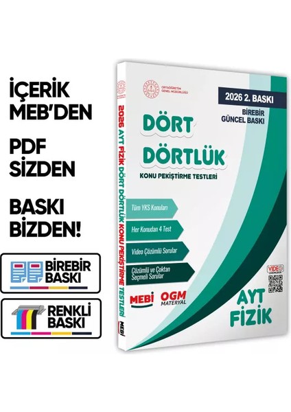 2026 YKS-AYT MEBİ-OGM Dört Dörtlük Fizik Pekiştirme Testi A4 Renkli Soru Bankası BASKI ÜCRETİ