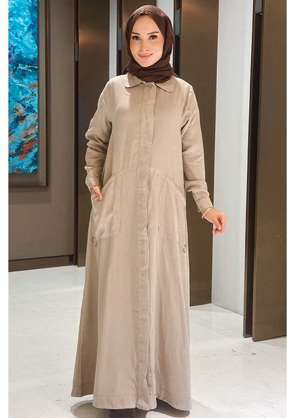 6648-PARÇA Boya Tensel Düğmeli Ferace Bej