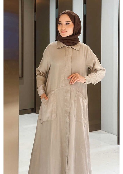 6648-PARÇA Boya Tensel Düğmeli Ferace Bej fiyatları