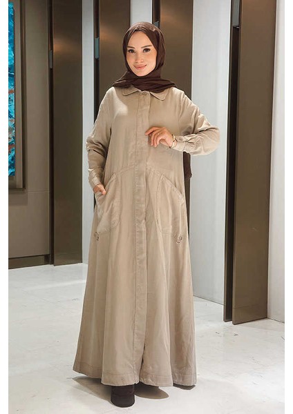 6648-PARÇA Boya Tensel Düğmeli Ferace Bej modelleri