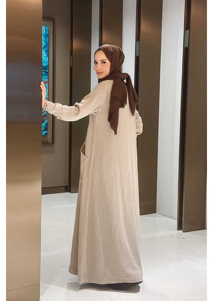 6648-PARÇA Boya Tensel Düğmeli Ferace Bej fırsatları