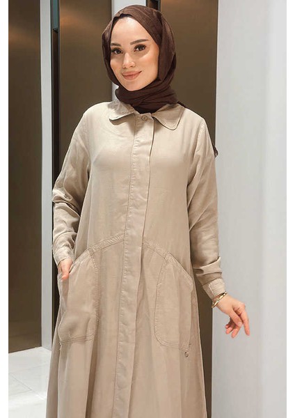 6648-PARÇA Boya Tensel Düğmeli Ferace Bej indirimleri