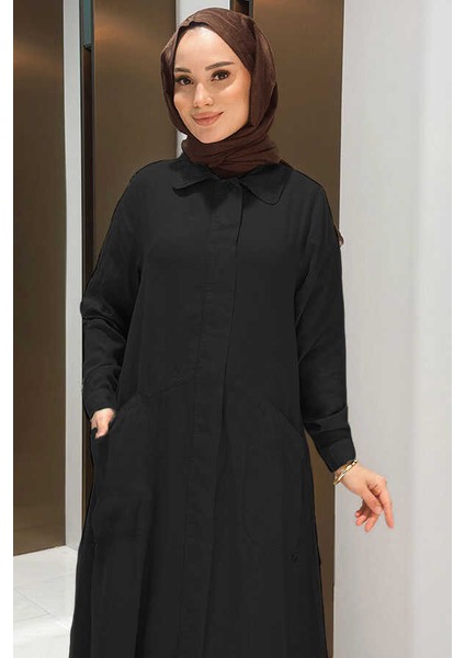 6648-PARÇA Boya Tensel Düğmeli Ferace Siyah