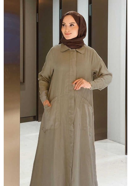 6648-PARÇA Boya Tensel Düğmeli Ferace Haki