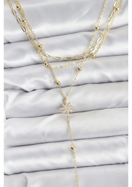 Pirinç Gold Renk Kutup Yıldızı Detaylı 3'lü Kombin Kadın Kolye