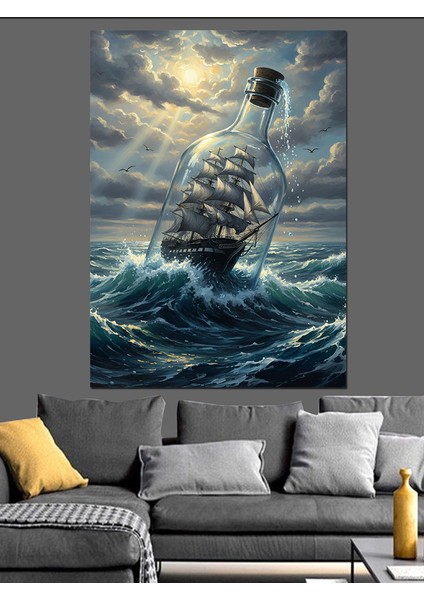 Şişede Gemi Deniz Manzarası Dekoratif Kanvas - Mdf Ahşap Tablo