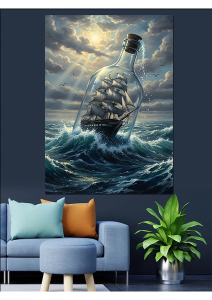 Şişede Gemi Deniz Manzarası Dekoratif Kanvas - Mdf Ahşap Tablo fırsatları