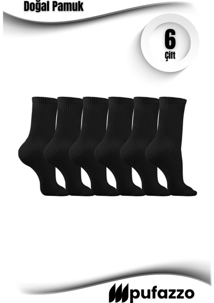 Uniseks Siyah Tenis Spor Çorap 6'lı Set - Doğal Pamuk, Dikişsiz, Havlu Taban Soket Çorap