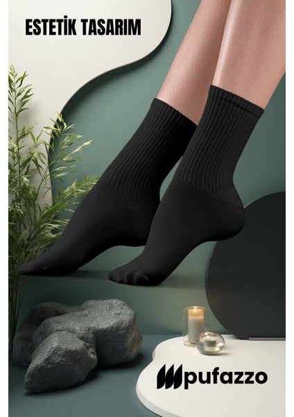 Uniseks Siyah Tenis Spor Çorap 6'lı Set - Doğal Pamuk, Dikişsiz, Havlu Taban Soket Çorap
