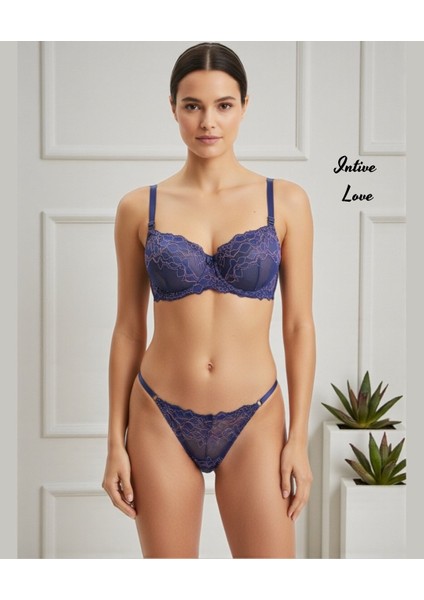 Nbb Lacivert Pembe Çiçek Desenli Straplez Push-Up Sütyen Tanga Takım
