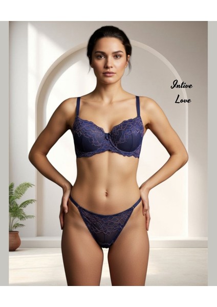 Nbb Lacivert Pembe Çiçek Desenli Straplez Push-Up Sütyen Tanga Takım fiyatları