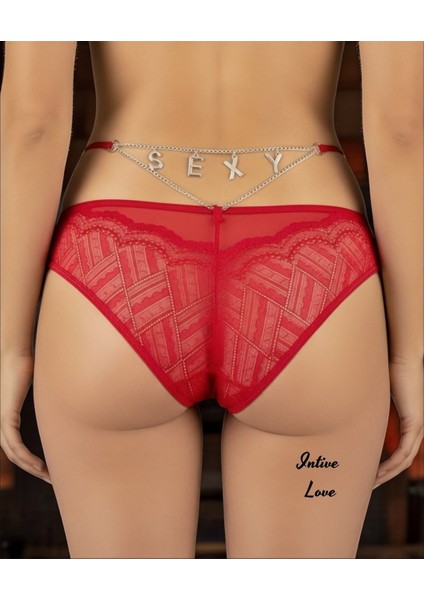 Intive Yılbaşı Özel Arkası "sexy" Yazılı Dantelli Zincirli Kırmızı Tanga/brazilian