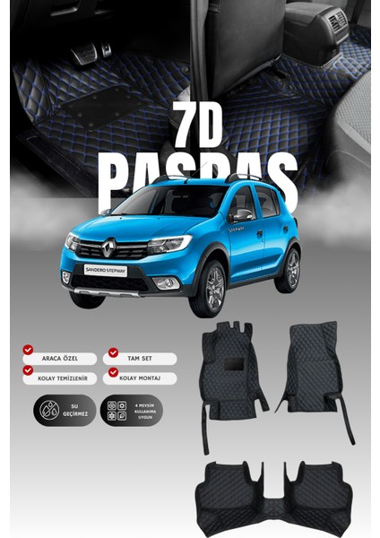 Dacia Sandero (2012-2020) 7d Deri Havuzlu Oto Paspas | Tam Koruma,araca Özel & Hızlı Montaj