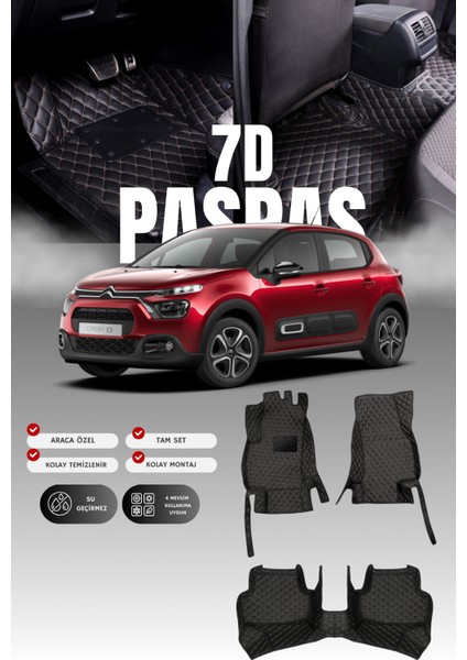 Citroen C3 (2020-2023) 7d Deri Havuzlu Oto Paspas | Tam Koruma,araca Özel & Hızlı Montaj