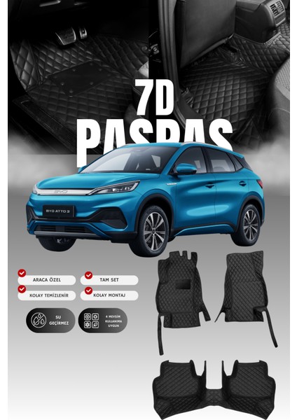 Byd Atto 3 (2022 ve Sonrası) 7d Deri Havuzlu Oto Paspas | Tam Koruma,araca Özel & Hızlı Montaj
