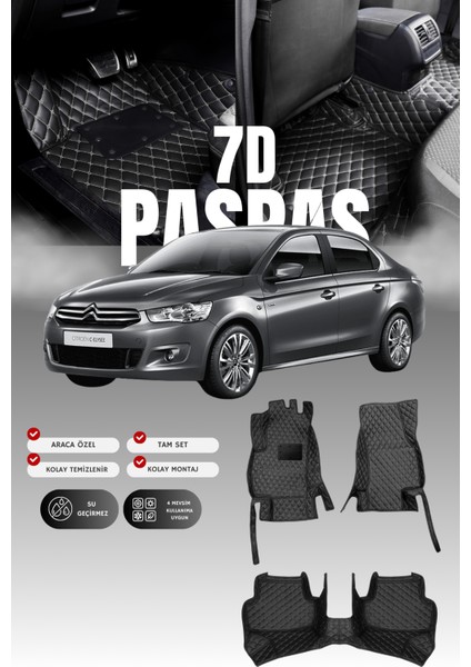 Citroen C-Elysee (2012-2023) 7d Deri Havuzlu Oto Paspas | Tam Koruma,araca Özel & Hızlı Montaj