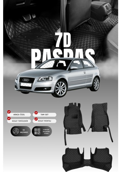 Audi A3 3 Kapı (2003-2012) 7d Deri Havuzlu Oto Paspas | Tam Koruma,araca Özel & Hızlı Montaj