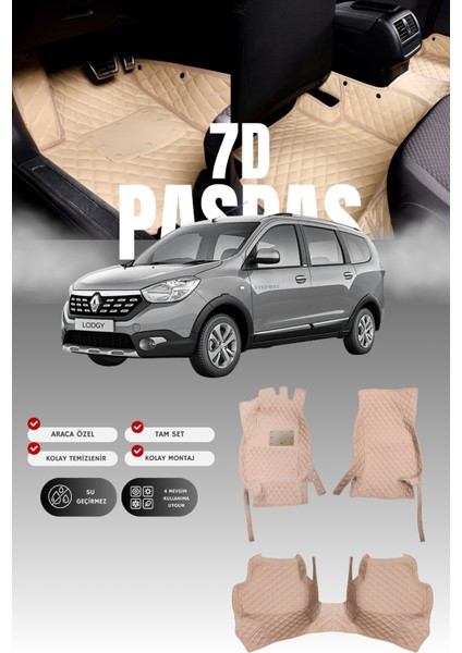 Dacia Lodgy (2012-2023) 7d Deri Havuzlu Oto Paspas | Tam Koruma,araca Özel & Hızlı Montaj