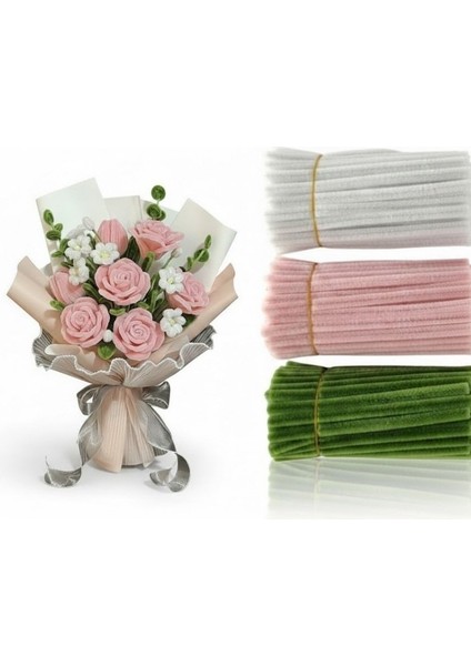 3'lü Şönil Set Pastel Pembe (50) , Beyaz (25) , Ordu Yeşili (25) Şönil ,çiçek Yapımına Uygun Tüylü Tel