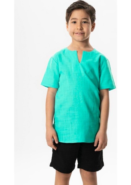 Kısa Kol Şile Bezi Bisiklet Yaka Yazlık Erkek Çocuk Tshirt Su Yeşili 3047