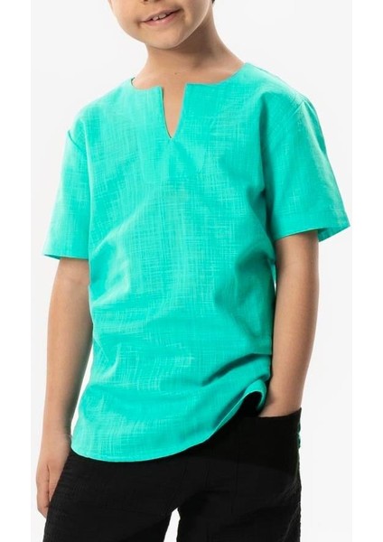 Kısa Kol Şile Bezi Bisiklet Yaka Yazlık Erkek Çocuk Tshirt Su Yeşili 3047 modelleri
