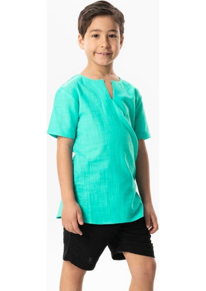 Kısa Kol Şile Bezi Bisiklet Yaka Yazlık Erkek Çocuk Tshirt Su Yeşili 3047 fırsatları