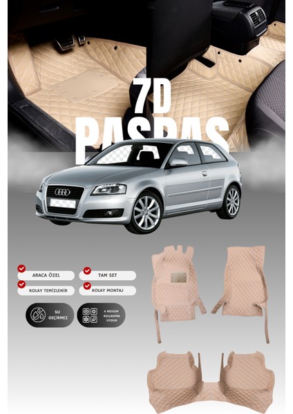 Audi A3 3 Kapı (2003-2012) 7d Deri Havuzlu Oto Paspas | Tam Koruma,araca Özel & Hızlı Montaj