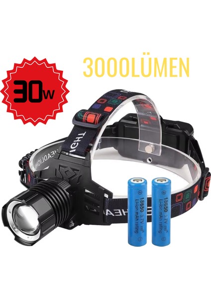1 Km Menzilli 3000 Lümen Şarjlı Kafa Feneri - 30W Güç, Ipx-7 Suya Dayanıklı Kamp/av Feneri