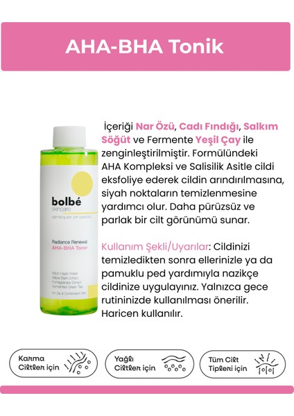 Peeling Etkili, Canlandırıcı, Ton Eşitleyici, Gözenek Görünümünü Hafifleten AHA-BHA Tonik - 200 m modelleri