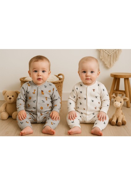 erkek Bebek Yeni Doğan Pamuklu Animal Desenli 2li Yeni Doğan Bebek Tulum Takım