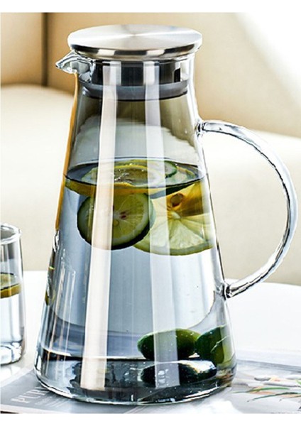 Borosilikat Cam Metal Kapaklı Lüks Sürahi 1900 ml (Füme) Esk