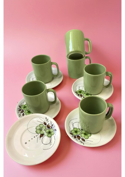 12 Parça Yeşil Renkli Sunum Tabaklı Fincan Takımı Seramik Malzemeden Şık Tasarım