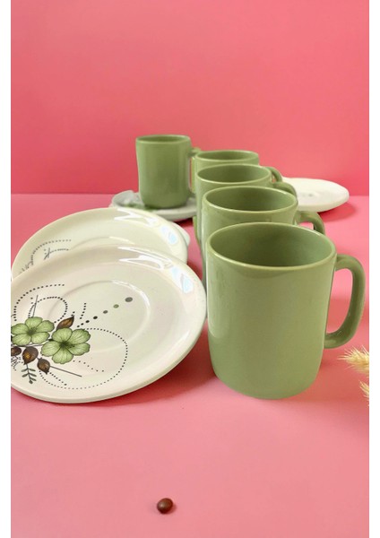 12 Parça Yeşil Renkli Sunum Tabaklı Fincan Takımı Seramik Malzemeden Şık Tasarım modelleri