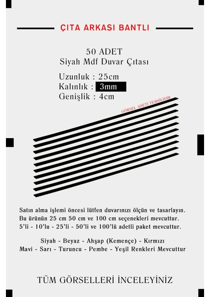 Siyah Duvar Çıtası 1 Paket (50 Adet) 25 × 5 cm Dekoratif Şerit Duvar Çıtası Boyanabilir Mdf fırsatları