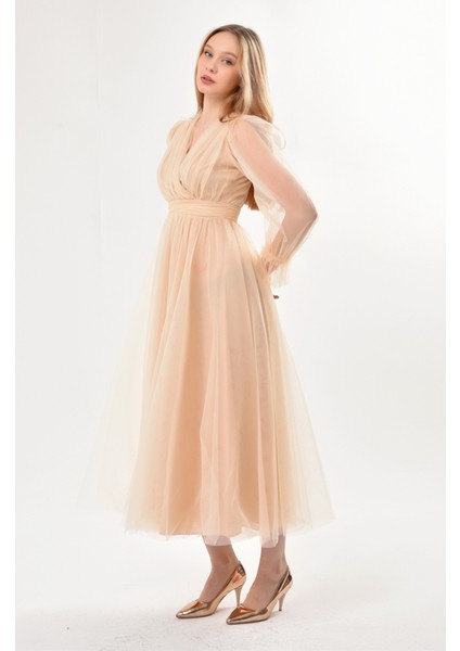 Önü Kruvaze Uzun Kol Tül Abiye Elbise indirimleri