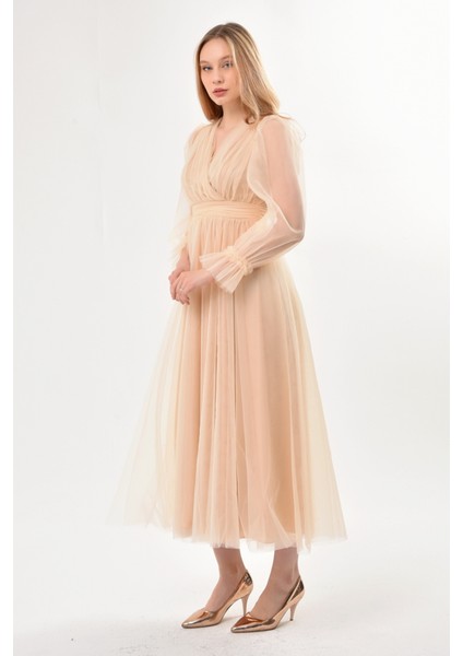 Önü Kruvaze Uzun Kol Tül Abiye Elbise