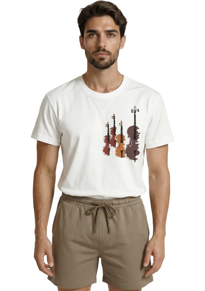 Sanatsal Yaylı Çalgılar ve Keman Trio Eskiz Baskılı Premium Erkek Tişört
