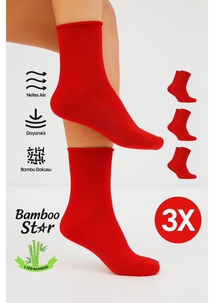 Bambu Kadın Kırmızı Lastiksiz Soket Dikişsiz Premium Çorap 3'lü Paket Sıkmayan Çorap / Iz Bırakmaz